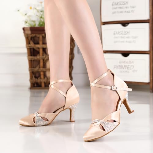 Women Rhinestone Latin Dance Shoes Ballroom Heels - 7.5 Beige, 7.5cm Heel
