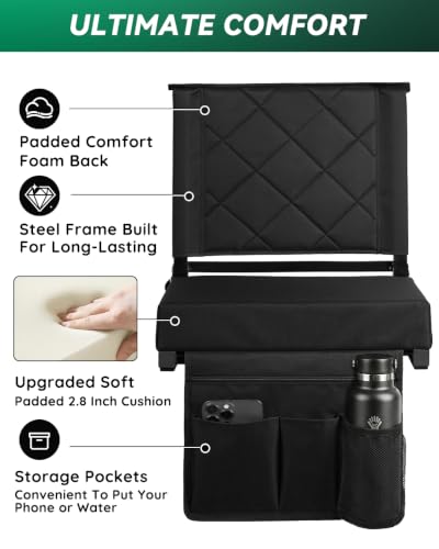 LWWTBS Stadium Seat with Back Support - Black, 2 Pack, Foldable Bleacher Chair with Cushion & Organizer