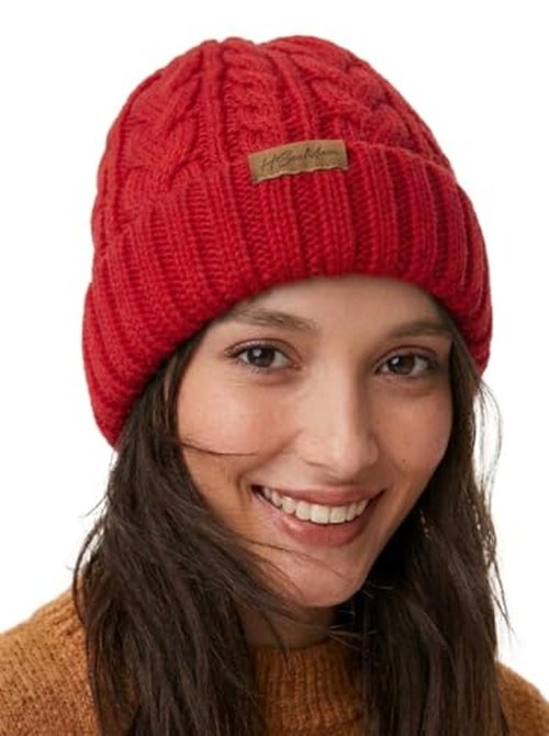 H.SeraMoose Winter Hats for Women Cable Knit Chunky Skull Cap Fleece Lined Thick Fold Cuff Beanie hat (Wheat Spike,Red)