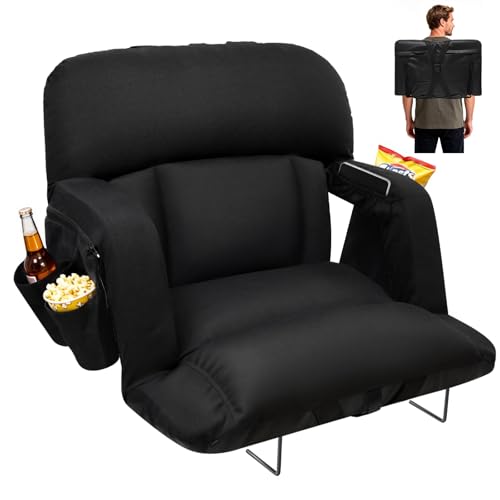 DEKEMASTER 23-Inch Stadium Seat with Back Support, Black, Foldable, Sofa-Style Comfort
