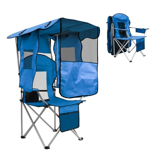 BDL Sky Blue Camping Chair with Canopy, Cooler & Mesh Backrest - Portable Foldable Outdoor Seat