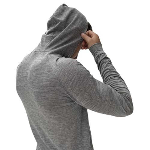 Men's X-Large Grey Merino Wool Hoodie Shirt - Lightweight UV-Protective Base Layer