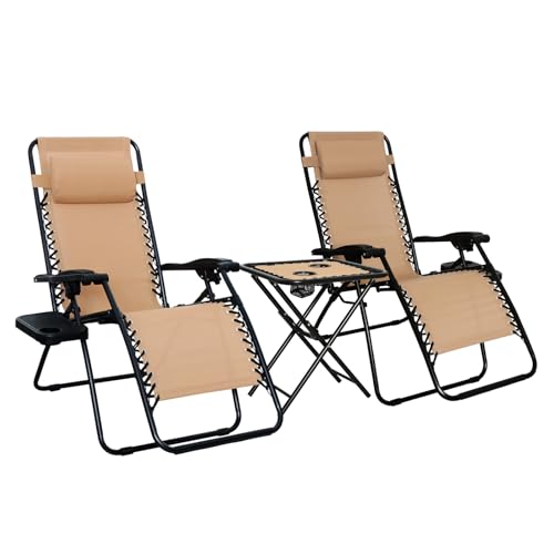 Outdoor Zero Gravity Reclining Lounge Chair Set with Side Table & Cup Holder - Beige, 2-Pack
