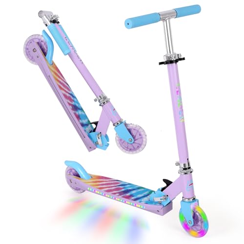 LEADER RIDER Purple Kids Foldable Light-Up Scooter, Adjustable Height, 3-Color LED Wheels