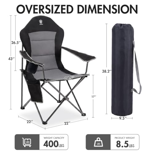 2 Pack Oversized Folding Camping Chairs with High Back Padded Support - Lightweight & Sturdy Outdoor Lawn Chairs for Adults, Black