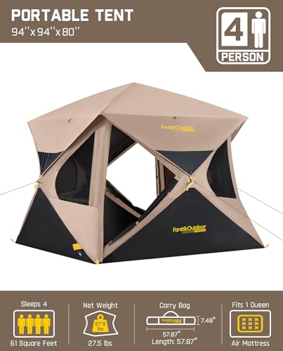 FanttikOutdoor Alpha C4 Ultra 4-Person Pop-Up Camping Tent Khaki | Instant Setup Rainfly