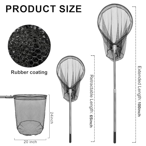Heavy Duty Large Rubber Fishing Net with Telescoping Handle 67-100in for Saltwater Fishing