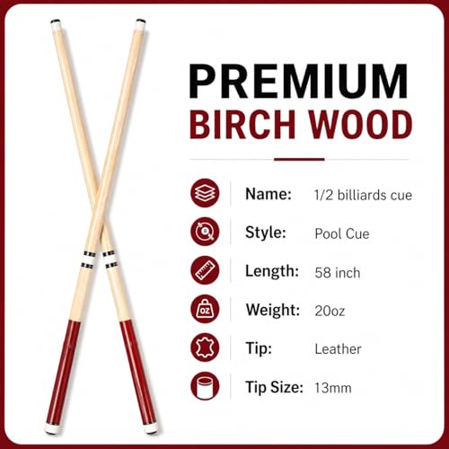 HNQQ 58 Inch 2-Piece Birch Pool Cue Sticks Set of 6, 20 oz, 13mm Tips for Billiards