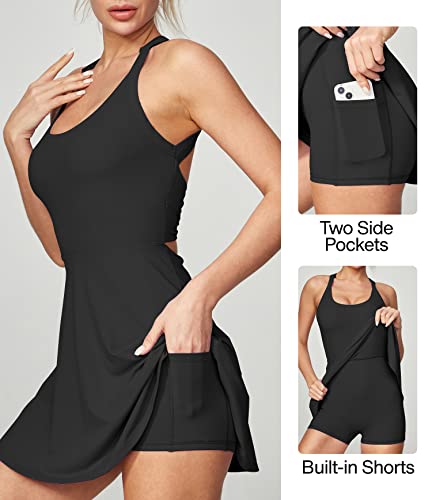 Heathyoga Women's Tennis Dress with Built-in Shorts & Bra - Black, Small - Summer Athletic Skirt