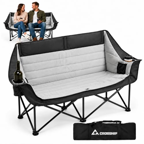Black 2-Person Folding Camping Loveseat Outdoor Chair with Padded Seat & Storage