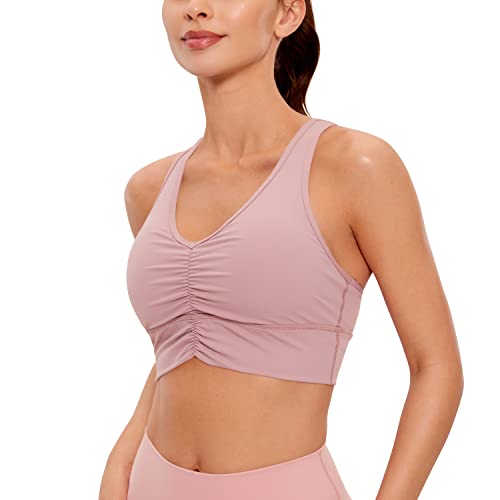 Women's Quick Dry Sports Bra Crop Top - V-Neck Ruched Padded Yoga Bra, Small, Rose Fragrant Purple