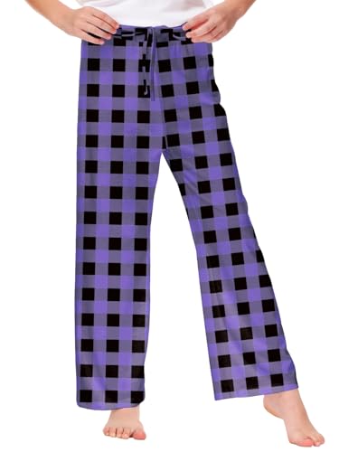 Remimi Girl Boy Plaid Pants with Drawstring - Purple Black, 7-8 Years