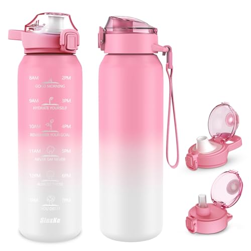 Insulated 32oz Water Bottle with 2 Lids - Pink & White, Double Wall Stainless Steel