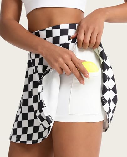 Women's Pleated Tennis Skirt with Shorts & Pocket - High Waist Golf Skort, Checkered Medium/Variation