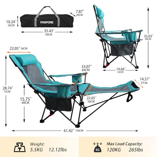 POEPORE Cyan Reclining Camping Chair with Removable Footrest & Headrest, Foldable Portable Lounger