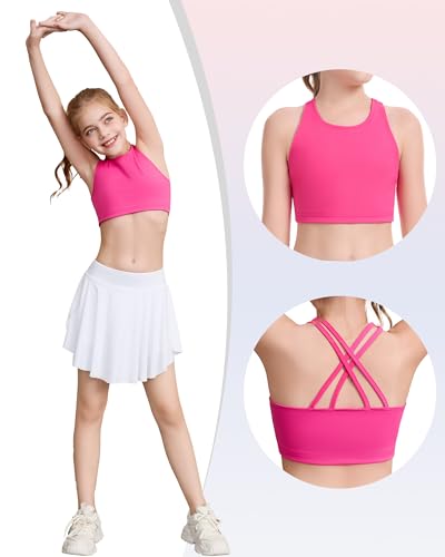 Girls Training Crop Top Sports Bra for Teens Kids - Rose Red, 5-6 Years