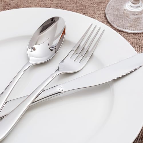 KINGSTONE 60-Piece Stainless Steel Silverware Set for 12, Modern Mirror Finish, Dishwasher Safe