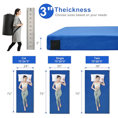 Lxotvae Blue 72x24x3 Inch Memory Foam Camping Mattress with Waterproof Non-Slip Bottom
