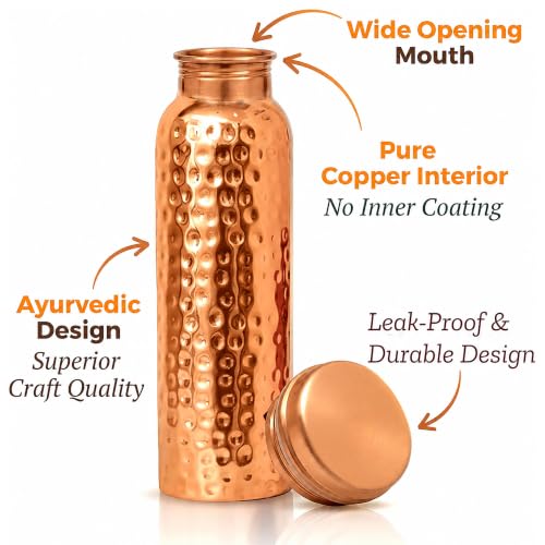 Copper Hammered Water Bottle - 32 oz Pure Copper Ayurvedic Drinking Vessel with Leak-Proof Lid - Variation of THIS listing
