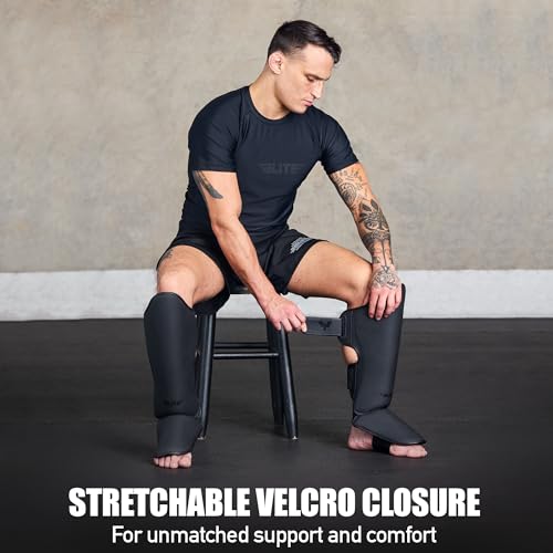 Elite Sports Muay Thai Shin Guards Kickboxing MMA Leg Protectors Black S-M