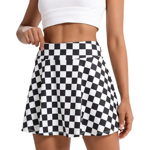Women's Pleated Tennis Skirt with Shorts & Pocket - High Waist Golf Skort, Checkered Medium/Variation