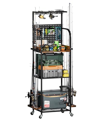 Fishing Rod Storage Rack with Shelves & Accessories Organizer