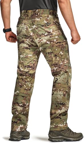 CQR Men's Flex Stretch Tactical Pants 36W x 32L, Water-Resistant Ripstop Cargo, Lightweight Outdoor Work Hiking Pants, Tempest Camo