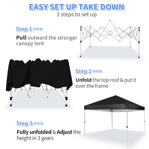 8x8 ft Pop Up Canopy Tent with Backpack Bag Waterproof Portable Sun Shelter Black