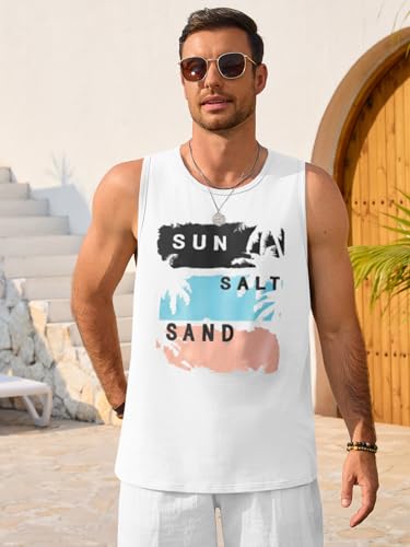 Runcati Mens Sleeveless Hawaiian Beach Tank Top Large White