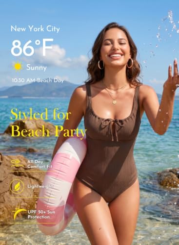 Large Coffee Textured Womens One-Piece Swimsuit Tummy Control Tie Knot Cutout Bathing Suit