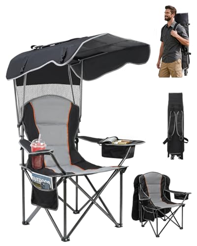 HOPERAN Camping Chair with Canopy & Cooler - Black, 500lbs Capacity, Portable