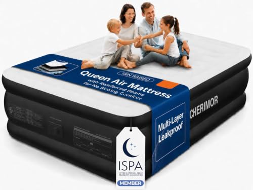 Queen Air Mattress with Built-in Pump - 18 Inch Raised Stable Support, White & Black