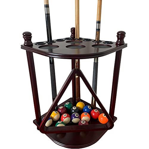 Pool Cue Rack Floor Stand - Holds Up to 8 Cues & Accessories - Traditional Mahogany