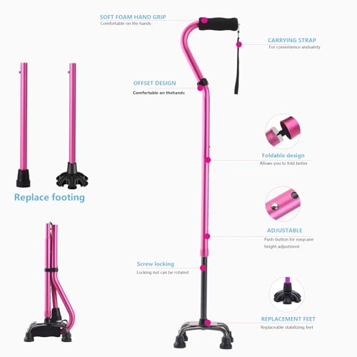 Pink Foldable Quad Canes for Seniors & Adults - Heavy Duty, Adjustable, Self-Standing Support