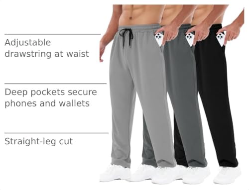 Men's Mesh Open Bottom Jogger Sweatpants with Pockets - Large, Black & Grey