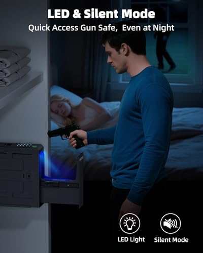 Biometric LCD Gun Safe with 3 Access Methods - Bedside Pistol Lock Box for Nightstand, Wall, Desk, Black+Silver