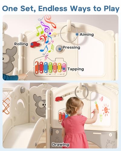 BIERUM Toddler Slide Set 13-in-1 Playground for Ages 1-3 Cream & Gray