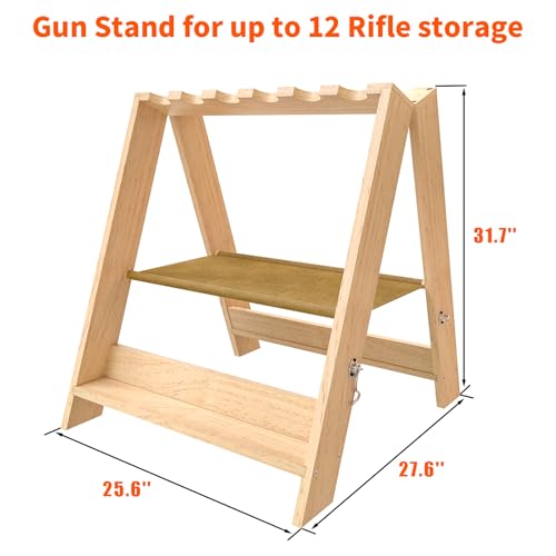 12-Slot Wooden Folding Gun Rack Stand with Accessory Storage - Portable & Durable