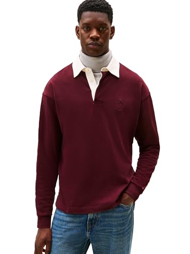 Tommy Hilfiger Men's Medium Weight Rugby Pullover with Embroidered Crest - Deep Burgundy