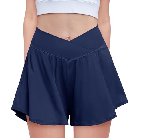 Girls Athletic Shorts with Pockets - Navy Blue, 11-12 Years - Flowy Crossover Design