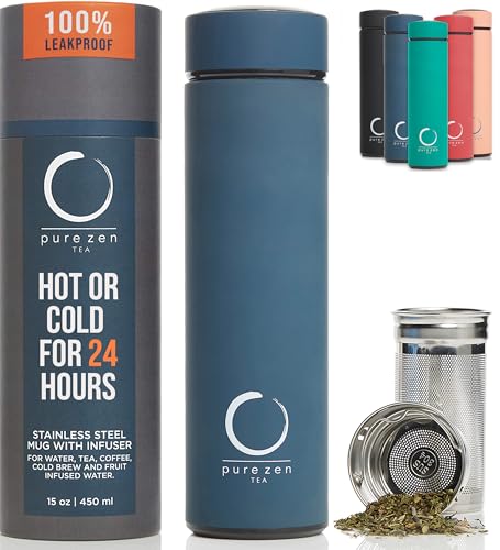 Blue Insulated Tea Infuser Bottle 15 oz - Travel Tea Thermos with Infuser