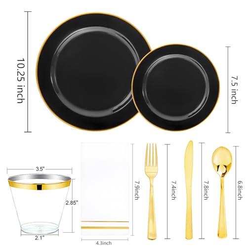 Black and Gold Disposable Dinnerware Set for 50 Guests - Plates Cups Napkins Utensils