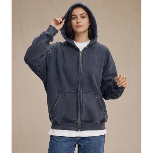 Unisex Double Zip Hoodie Sweatshirt Small Navy Blue Oversized Fleece
