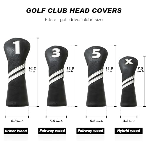 Golf Club Covers - 4PCS Black for Woods, Driver, Hybrids - PU Leather