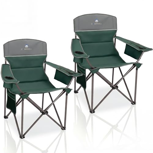Dark Green Oversized Camping Chairs 2 Pack with Cooler, Cup Holders & Padded Seats