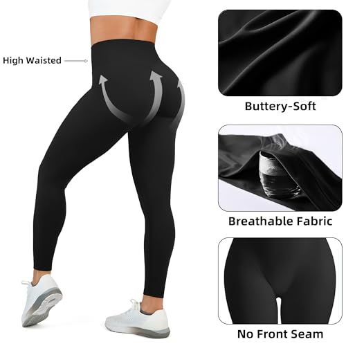 High Waisted Leggings for Women - 25 Inch Inseam, Medium, Black, No Front Seam Tummy Control Yoga Pants for Workout & Running
