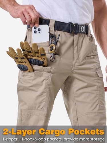 Men's Stretch Ripstop Tactical Cargo Pants - Water-Resistant Hiking Work Pants, 32W x 32L Khaki