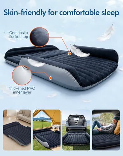 HAOYAO Blue SUV Air Mattress Inflatable Car Bed with Flocked Surface, Adjustable Bolsters & Electric Pump