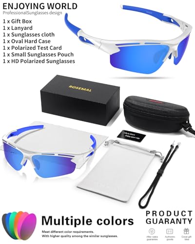 Rosemal Polarized Sunglasses for Men Women Sport Run Cycling Sun Glasses Whiteblue Frame Blue Lens