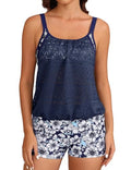 Women’s Modest Tankini Swimsuit Set with Hollow Out Blouson Top and Boyshort Bottom